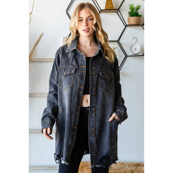 Distressed Denim Western Oversize Jacket: Black Wash