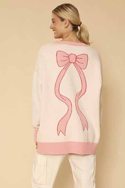 Varsity knit bow cardigan: Pink multi