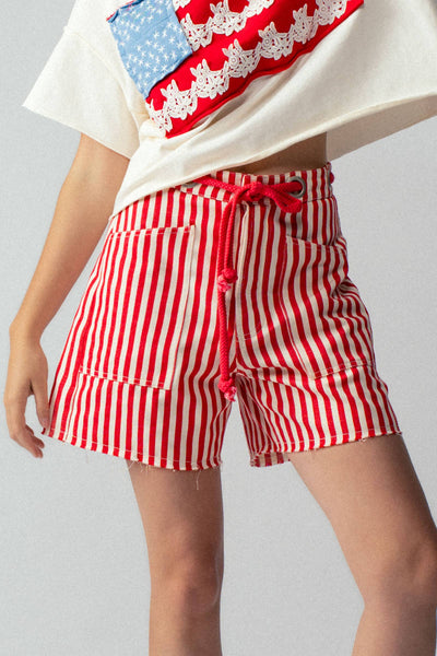 Striped High-Rise Denim Shorts: RED