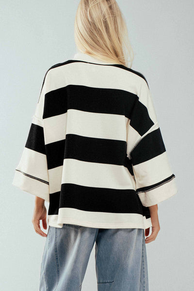 Oversized Half Zip Bold Stripe Statement Pullover Sweatshirt: CREAM BLACK