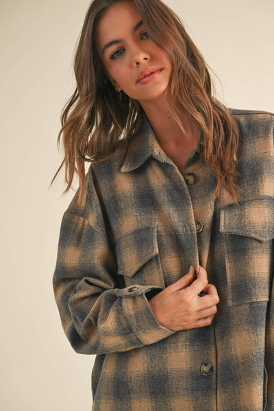 MIXED COLOR PLAID SHACKET: TAUPE