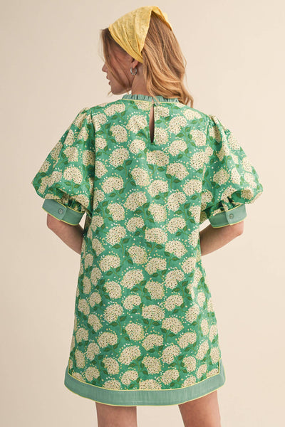 FLORAL PRINT PUFF SLEEVE A-LINE MINI DRESS MDR4855: SAGE GREEN FLORAL / S