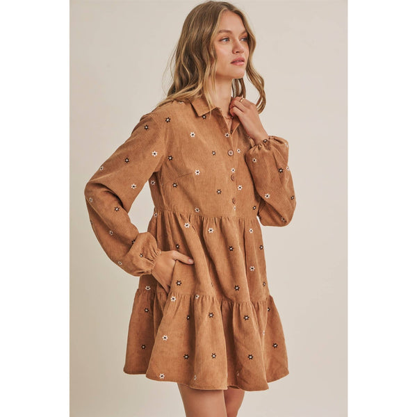 MEADOW MARKET ARTISAN DAISY EMBROIDERED CORDUROY MINI DRESS: OLIVE