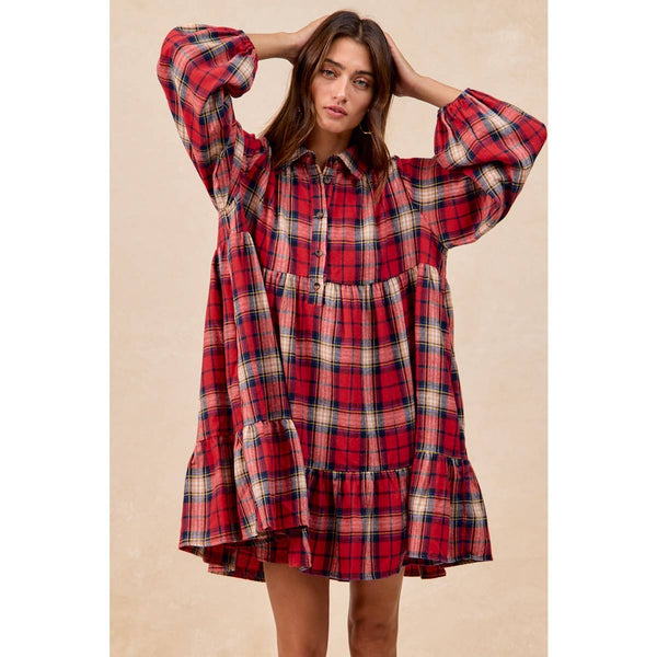 PLAID WOVEN SHRRING BUTTONED TIERED SHIRT DRESS: CAMEL MULTI / L