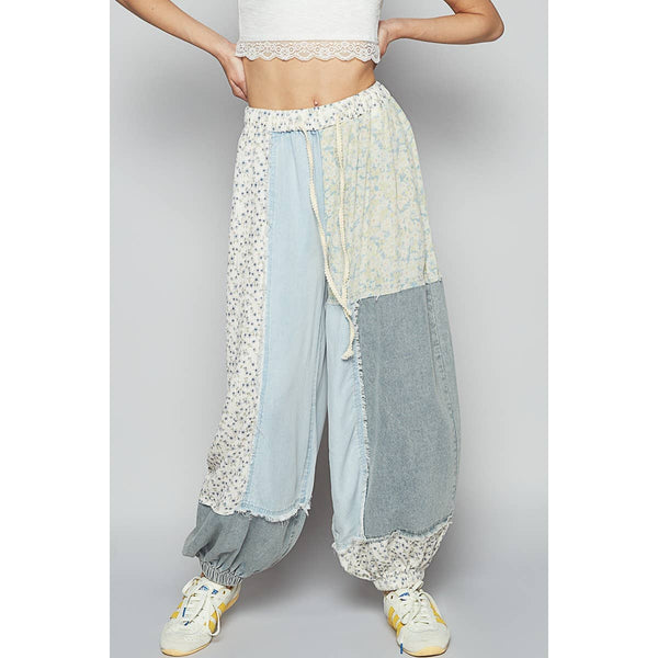 Adjustable waistband contrast patchworks patns: DENIM MULTI / M