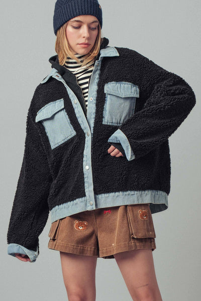 Denim Contrast Sherpa Mixed-Media Shacket: Black
