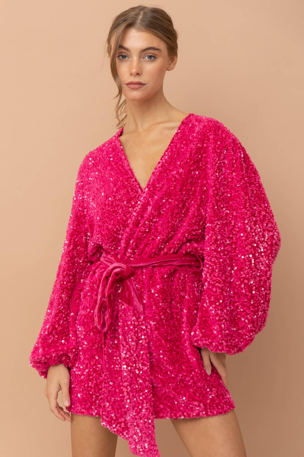 Hot pink sequin wrap dress