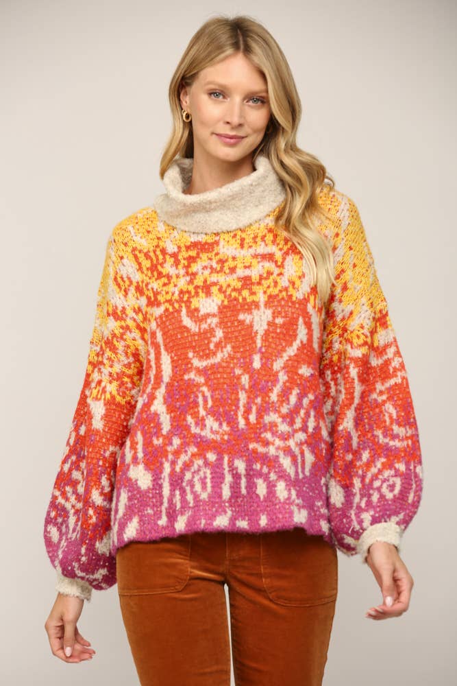 ABSTRACT PATTERN JACQUARD KNIT TURTLE NECK SWEATER