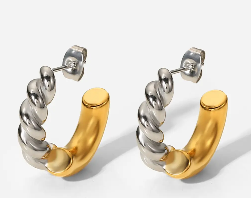Twisted Two-Tone mixed metal Croissant  Hoop Earring: Two tone