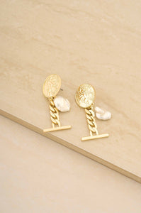 Ancient Coin and Pearl Charm 18k Gold Plated Drop Earrings