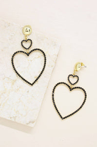 Double Crystal Heart Earrings in Black