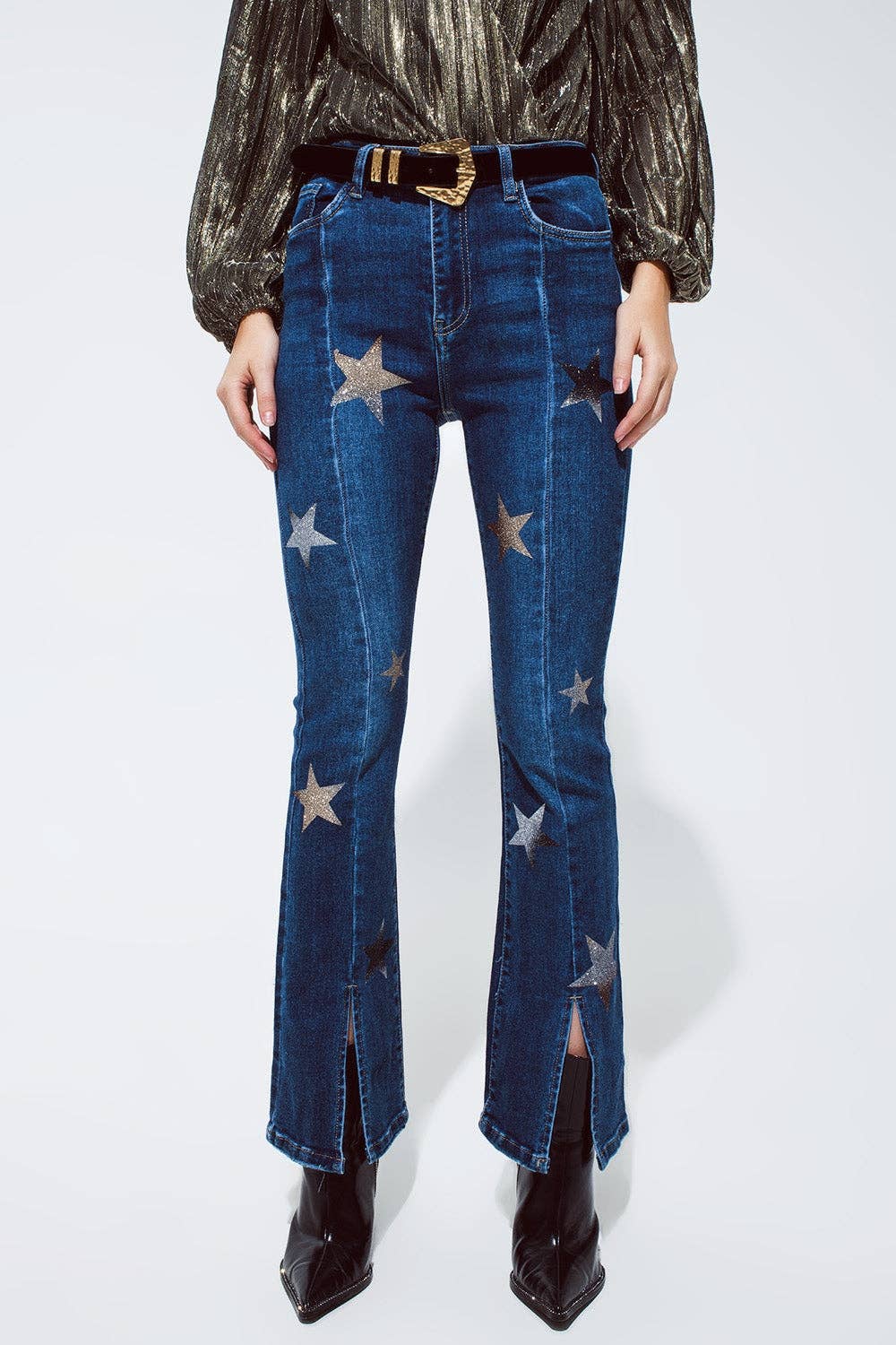 Flared Jeans with Shiny Stars Detail in Blue
