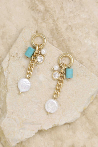 Pearl, Turquoise, and Crystal Charm 18k Gold Plated Dangle Earrings