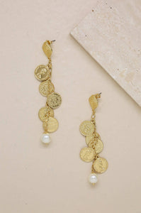 Royal 18k Gold Plated Dangle Coin and Pearl Earrings