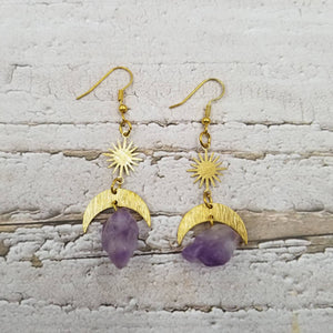 Handmade Purple Natural Crystal Moon Earrings