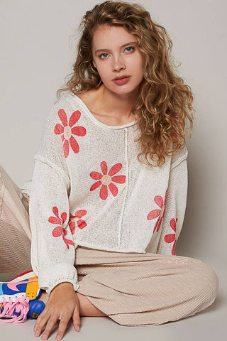 Round neck balloon sleeve floral prints sweater