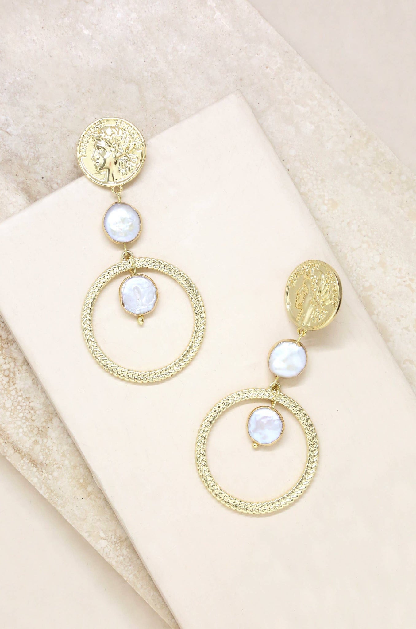 Your Majesty Coin & Pearl Drop Earring in Gold