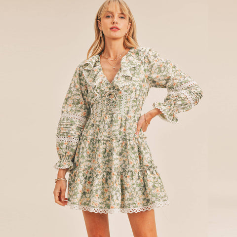 Floral Lace Trim Long Sleeve Mini Dress