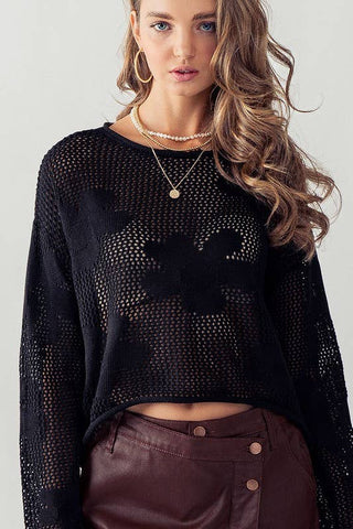 FLORAL OPEN KNIT CROCHET SWEATER TOP