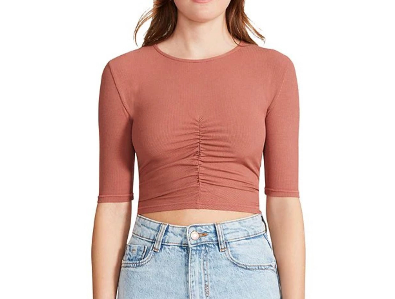 Chasing Waterfall Crew Neck Cinched Front Elbow Short Sleeve Crop Top