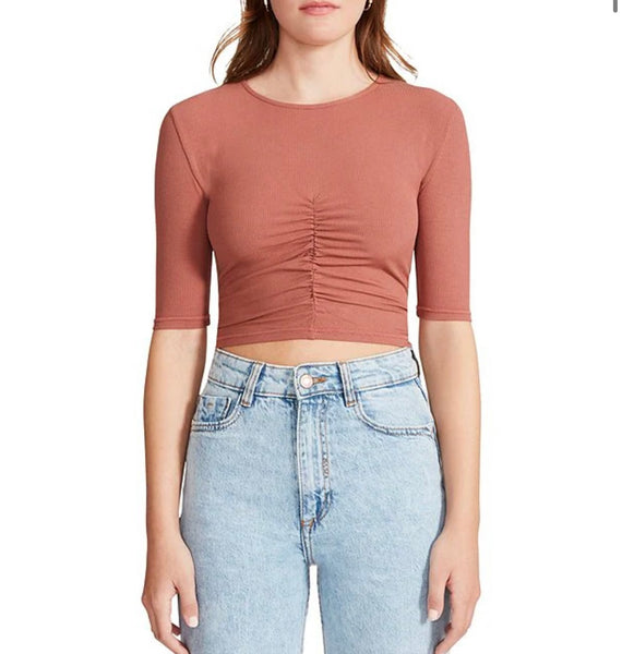Chasing Waterfall Crew Neck Cinched Front Elbow Short Sleeve Crop Top
